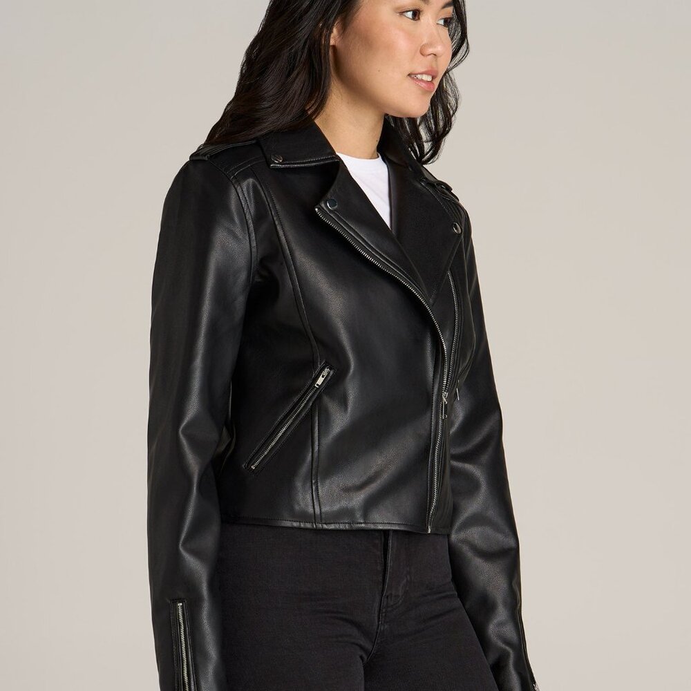 American Tall Cropped True Touch Leather Moto Jacket for Tall Women in Black Siz - Picture 3 of 4